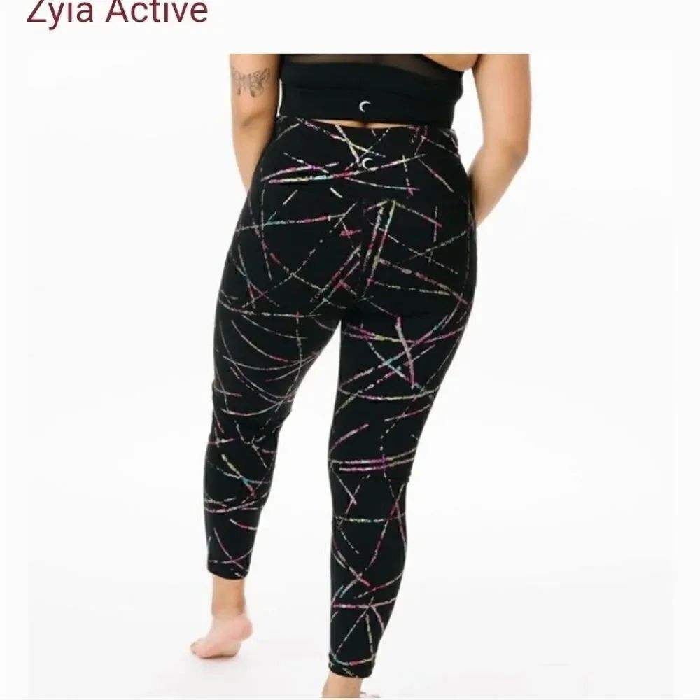 Zyia Black Abstract Print Elastic Waist High Waisted Athletic Leggings Sz 14-16
